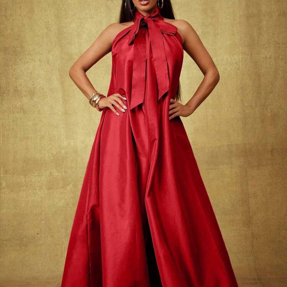 Vixey Solid Taffeta Bow Tie Halter Neck Extreme Wide Leg Jumpsuit size L - Picture 2 of 5